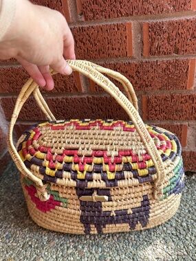 Vintage Hand Woven Covered Basket Handles Mexico Southwestern Designs